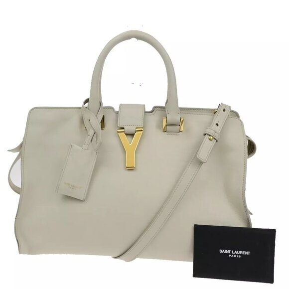 SAINT LAURENT Y Logo Cabas 2 Way Shoulder Hand Bag Leather Ivory Gold 73FA187 - Picture 1 of 16